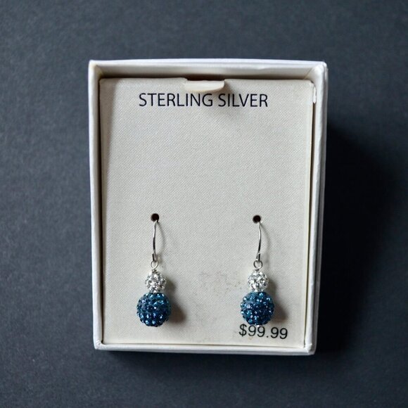 Sterling Silver Montana Blue White Pave Crystal Ball Earrings New - Picture 1 of 4